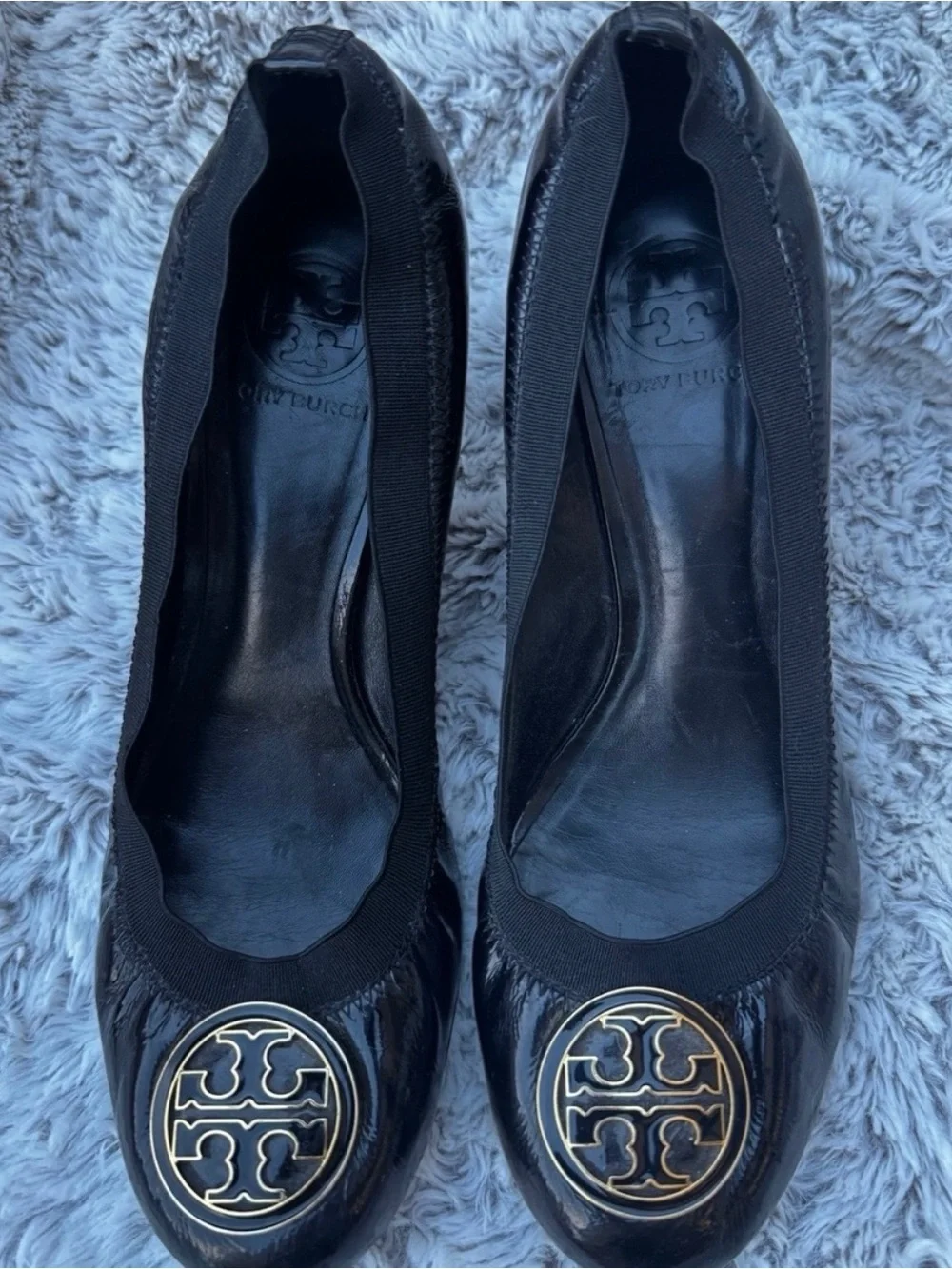 Tory Burch Black Patent Leather Logo heels with Gold Medallion